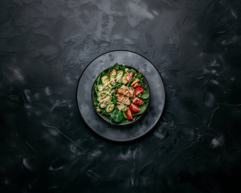 a white plate topped with a salad on top of a table