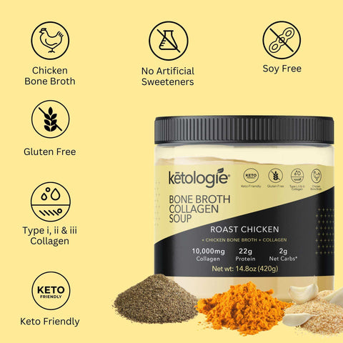 Roast Chicken Bone Broth Collagen Soup - 14.8oz container, gluten-free, keto-friendly, soy-free, with 10,000mg collagen.