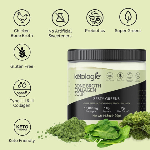 Zesty Greens Bone Broth Collagen Soup, medium spice, 14.8oz, with kale, chlorella, spirulina, wheatgrass, 18g protein, 10,000mg collagen, keto-friendly.