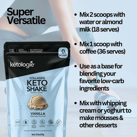 Vanilla Collagen Keto Shake - 28.5oz jar with collagen and prebiotics for skin, hair, joints; versatile use as shake, coffee creamer, or smoothie base.