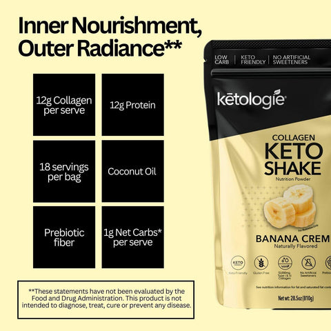 Collagen Keto Shake banana creme flavor with 12g protein, 12g collagen, low carb, no artificial sweeteners, keto protein powder.