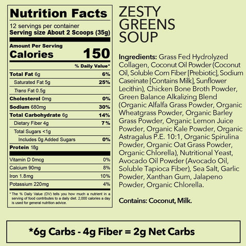 Zesty Greens Bone Broth Collagen Soup with jalapeno, kale, chlorella, spirulina, and wheatgrass, 18g protein, 2g net carbs, 10,000mg collagen, 14.8oz.