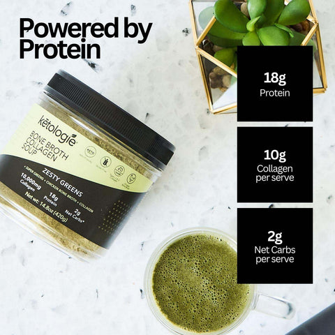 Zesty Greens Bone Broth Collagen Soup with jalapeno spice, featuring 18g protein, 10g collagen, and 2g net carbs.