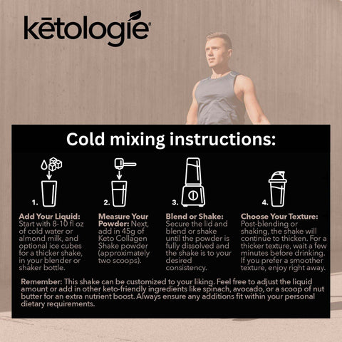 Chocolate Collagen Keto Shake 28.5oz with mixing instructions on packaging, featuring larger jar and versatile use for keto diet.