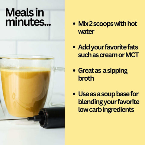 Roast Chicken Bone Broth Collagen Soup 14.8oz with mixing instructions and health benefits.