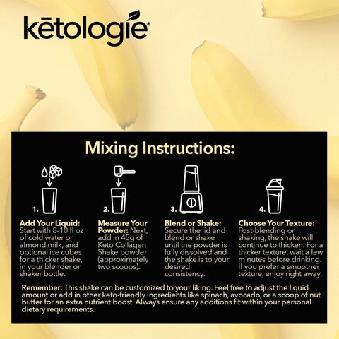 Banana Creme Collagen Keto Shake packaging with mixing instructions and bananas, featuring keto protein powder.