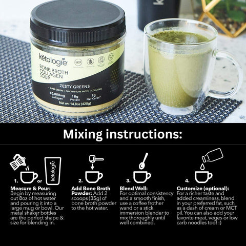 Zesty Greens Bone Broth Collagen Soup, medium spice, 14.8oz, with jalapeno, kale, chlorella, spirulina, wheatgrass, and collagen.