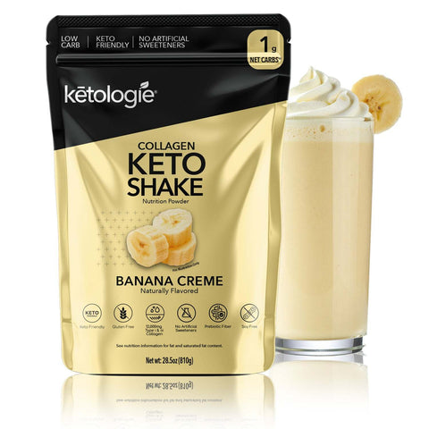 Keto protein powder with banana creme flavor and collagen peptides.