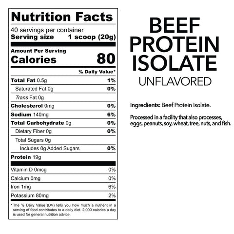 Unflavored beef protein isolate nutrition label with 80 calories per serving, zero carbs, no fat, and 19g protein.