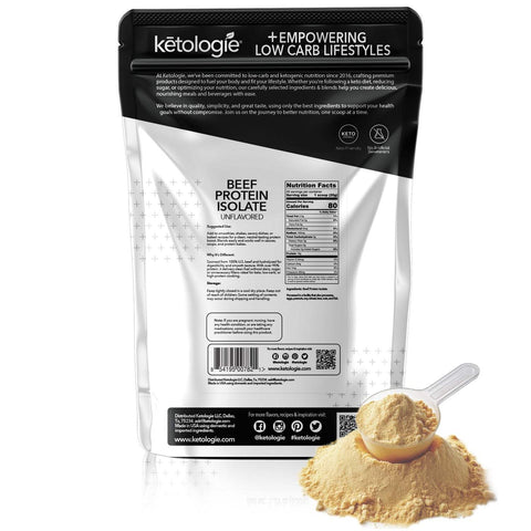 Beef Protein Isolate powder bag with measuring scoop, featuring zero carbs and zero fat for keto and paleo diets.
