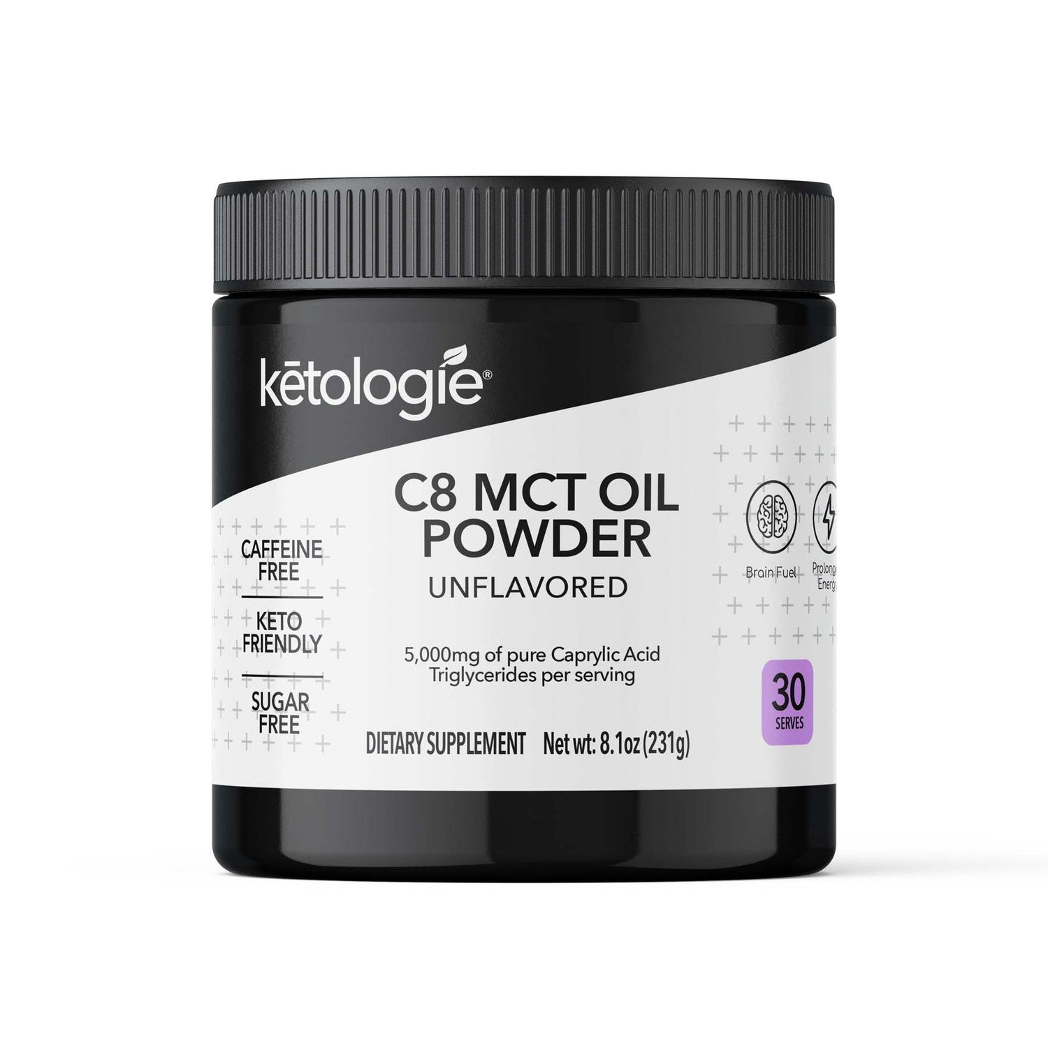Ketologie C8 MCT Oil Powder unflavored dietary supplement for keto, caffeine and sugar free, 30 servings, 231g jar