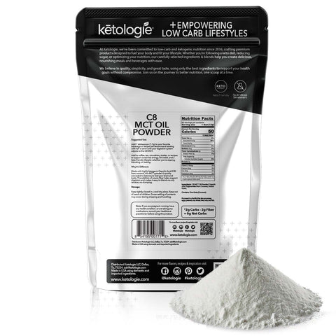 C8 MCT Oil Powder (Unflavored) Pack, 80 servings, ideal for keto lifestyle, energy boost, mental clarity, coconut sourced.