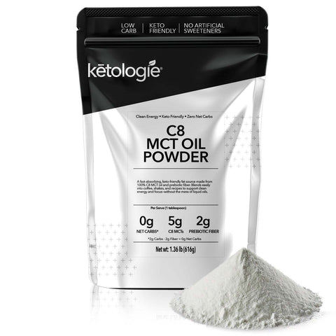 C8 MCT Oil Powder package with scoop of powder in front, ideal for keto and low-carb diets.