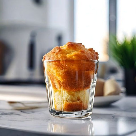 Whey Protein Isolate muffin in a glass on a marble counter.