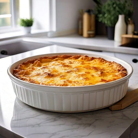 Cheesy savory bake in a white dish on a marble countertop.