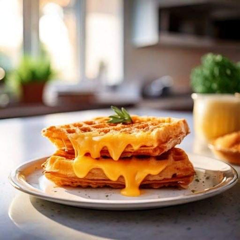 Unflavored beef protein powder waffles with melted topping on a plate.