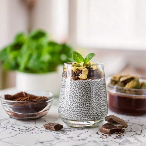 chia pudding with chocolate and nuts using whey protein isolate