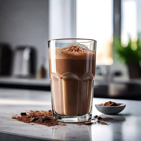 Whey protein isolate shake in a glass surrounded by protein powder on a kitchen counter.