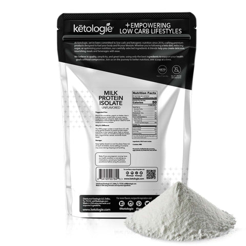 Milk Protein Isolate (Unflavored) packaging with powder, offering 12g protein per scoop, ideal for low-carb recipes and post-workout recovery.