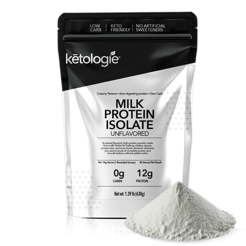 Milk Protein Isolate packaging, unflavored, 12g protein per scoop, low carb, no sweeteners.