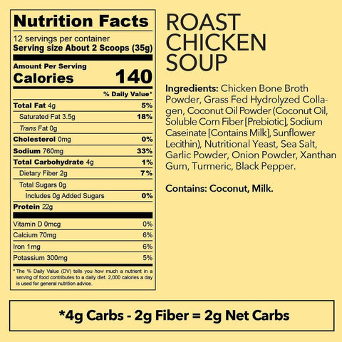 Roast Chicken Bone Broth Collagen Soup, 14.8oz, nutrition facts and ingredients label.