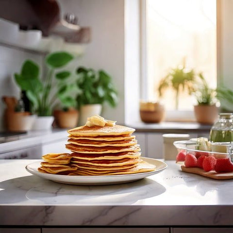 Whey protein isolate pancakes on kitchen counter with butter, strawberries, and green smoothie.