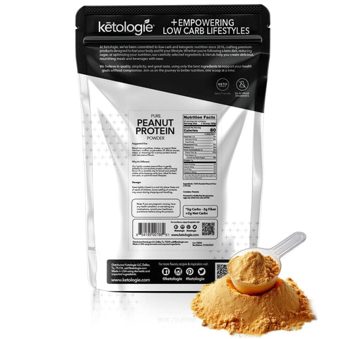Peanut Protein Powder by Ketologie, 11g plant-based protein per scoop, versatile for smoothies, baking, and savory dishes, powdered peanut butter.