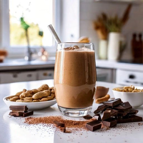 Powdered peanut butter protein shake surrounded by peanuts and chocolate in a kitchen setting.