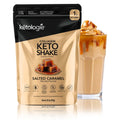 Salted caramel collagen keto shake packaging with a creamy shake glass.