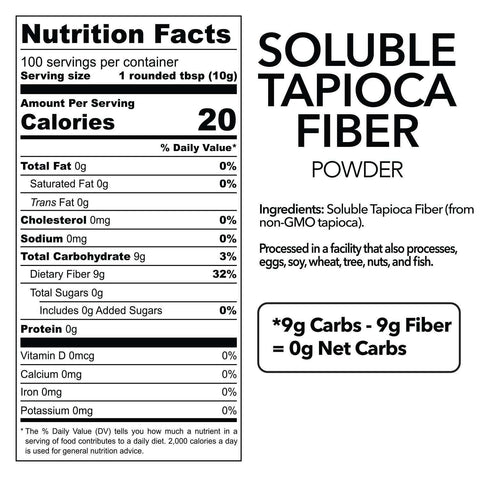 Soluble Tapioca Fiber Powder with resistant starch, low-glycemic, digestion-resistant, enhances gut health, keto-friendly.
