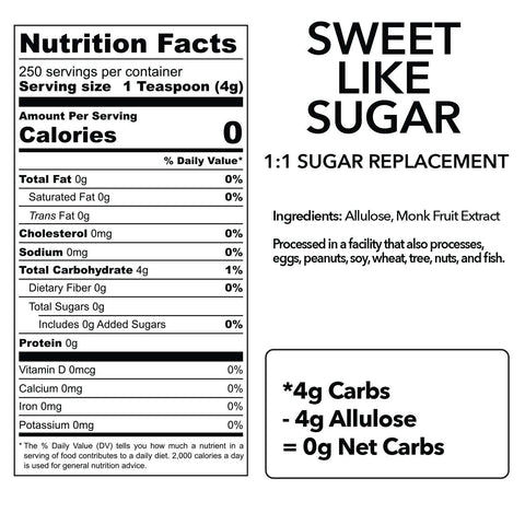 Sweet Like Sugar 1:1 sugar replacement nutritional label with zero net carbs.