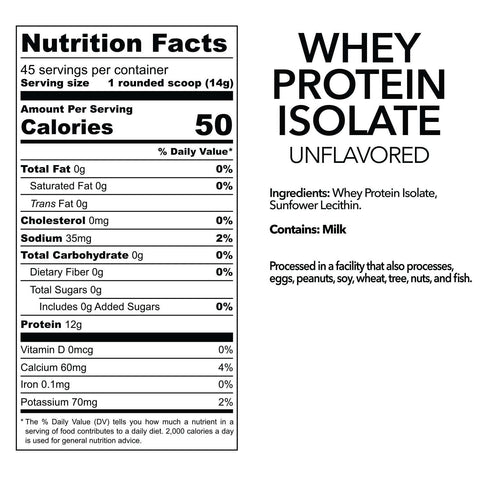 Unflavored whey protein isolate nutrition facts label, high-protein, zero carbs and fats.