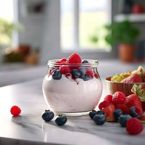 Milk Protein Isolate unflavored shake with mixed berries on kitchen counter.