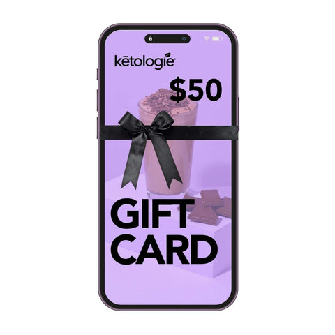 Gift Card $50.00 with Ketologie branding on smartphone screen and ribbon design.