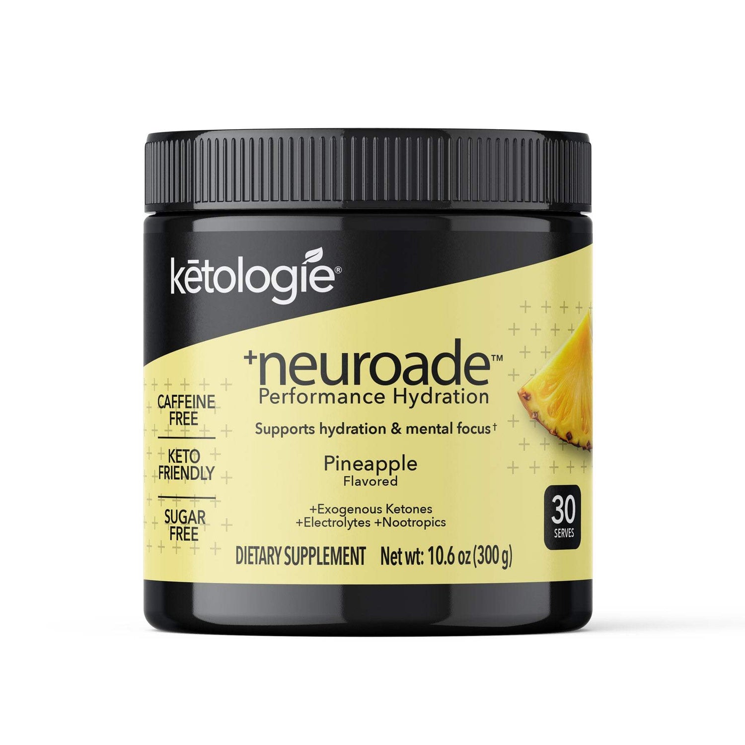 Neuroade™ Pineapple hydration mix with electrolytes and nootropics, sugar-free and caffeine-free, in a 300g jar.