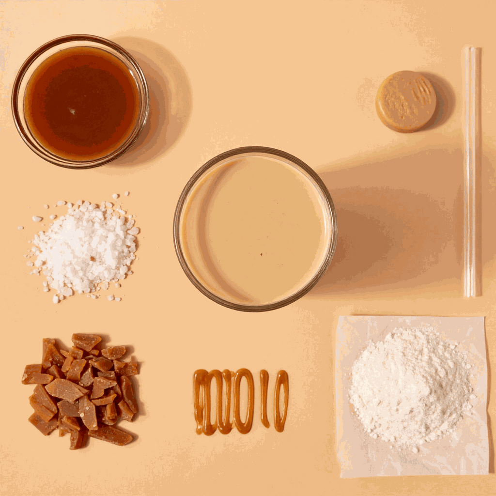 Salted caramel collagen keto shake ingredients and powder.