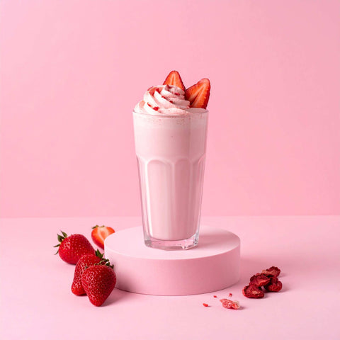 Strawberry Collagen Keto Shake with fresh strawberries, keto protein powder.