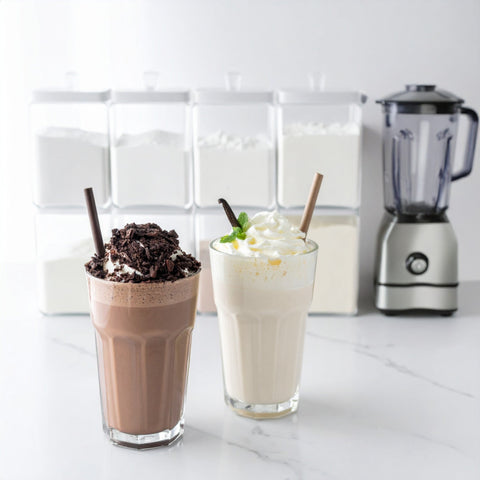 Ultimate Pantry Pack featuring chocolate and vanilla shakes with kitchen containers and blender.