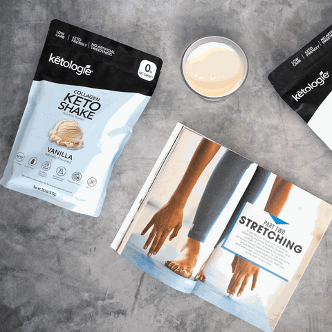 Vanilla Collagen Keto Shake packaging with a glass of shake and book on stretching.