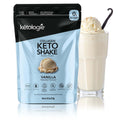 Vanilla Collagen Keto Shake in 28.5oz jar with smoothie in glass, supports skin and joint health.