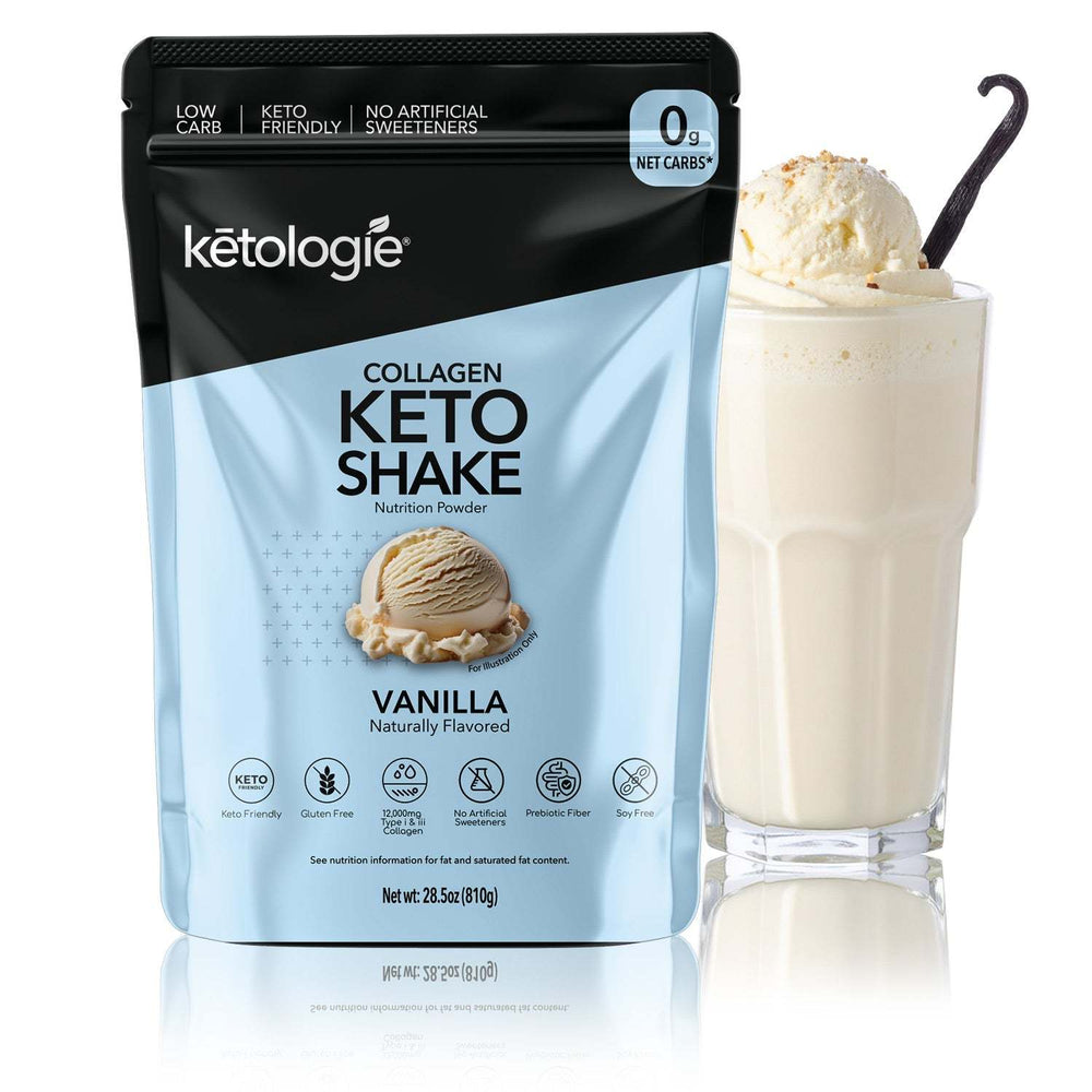 Vanilla Collagen Keto Shake in 28.5oz jar with smoothie in glass, supports skin and joint health.