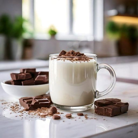 Whey Protein Isolate powder in glass, unflavored, ideal for shakes and recipes.
