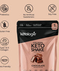 Chocolate Collagen Keto Shake pack with prebiotics, no artificial sweeteners, and soy-free features.
