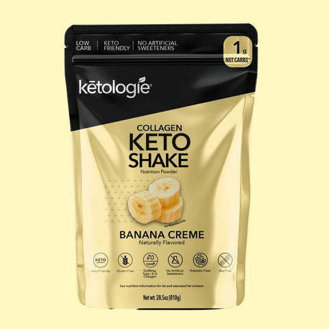 Banana Creme Collagen Keto Shake packaging with low-carb, keto-friendly label and banana imagery.
