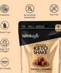 Salted Caramel Collagen Keto Shake packaging featuring keto-friendly, gluten-free, soy-free, and no artificial sweeteners icons.