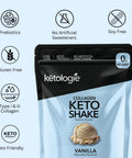 Vanilla Collagen Keto Shake 28.5oz packaging with prebiotics, gluten-free, and soy-free features.