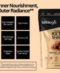Salted Caramel Collagen Keto Shake packaging with nutrition details highlighting 12g collagen and 12g protein per serving.