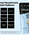 Vanilla Collagen Keto Shake 28.5oz with 12g collagen and protein per serving, featuring coconut oil and prebiotic fiber for gut health.