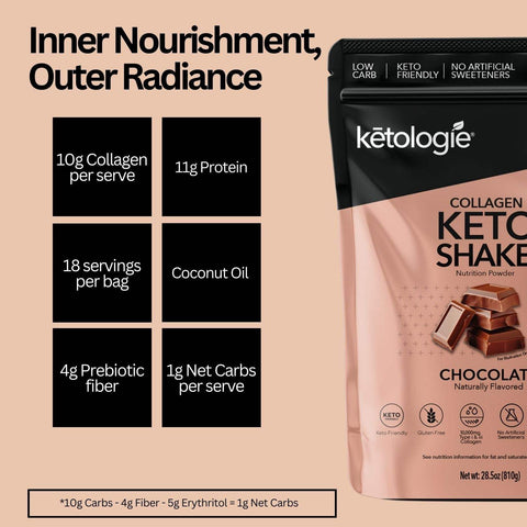 Chocolate Collagen Keto Shake - 28.5oz with Type I & III collagen, rich chocolate flavor, perfect as shake or coffee creamer.