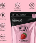 Strawberry Collagen Keto Shake packaging featuring keto-friendly protein powder with prebiotics and no artificial sweeteners.